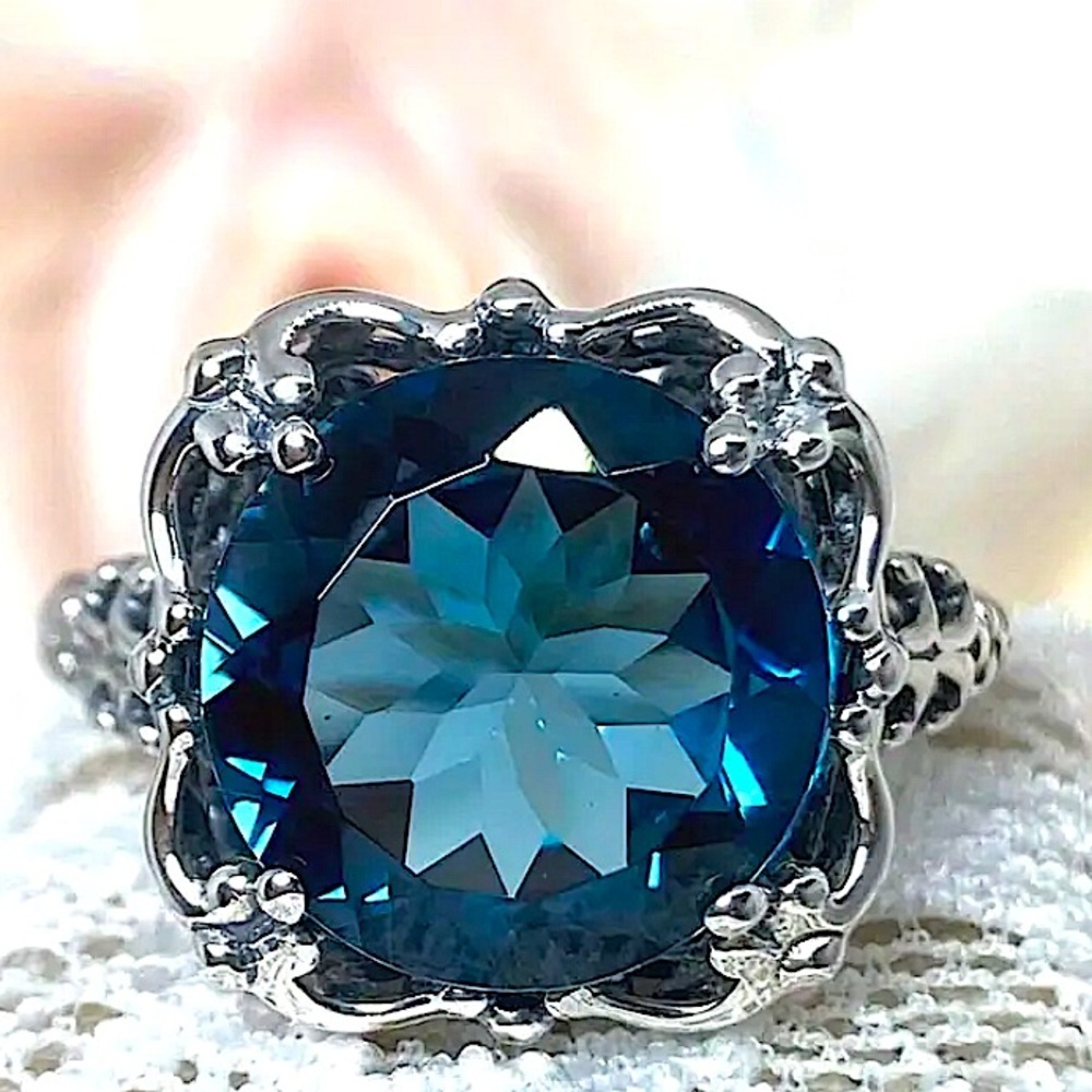 London Blue Topaz Ring 7ct Round Cut Natural Topaz Victorian Ornate Filigree - Picture 4 of 10